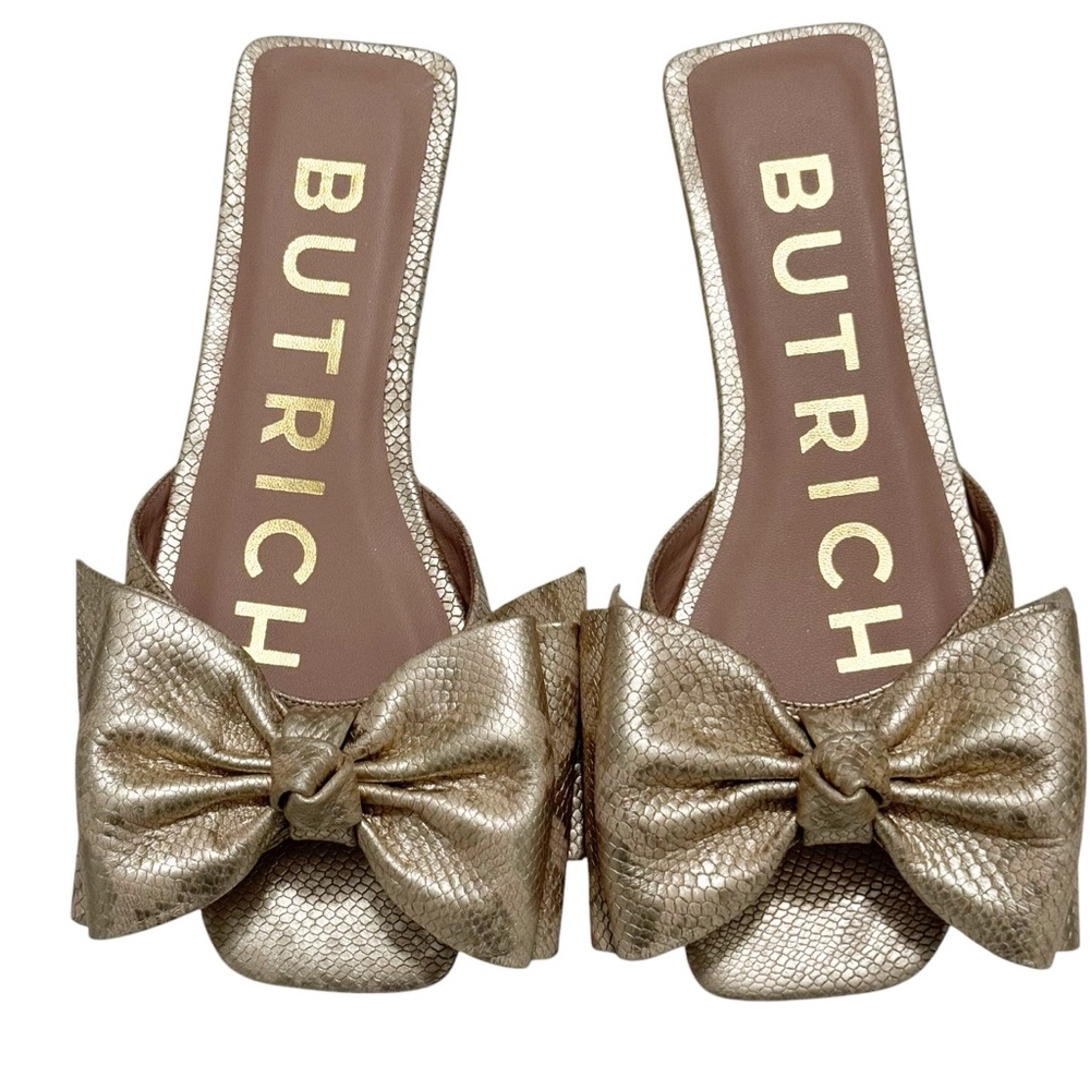 Butrich Irina Bow Metallic Gold Snakeskin Flat Sandal 5.5 - Picture 3 of 12